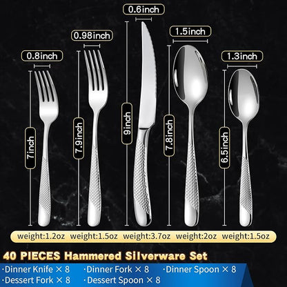 Lemeya 40-Piece Hammered Silverware Set for 8,18/10 Stainless Steel Flatware Set with Serrated Forged Knives,Heavy Duty Cutlery Set for Home & Party Restaurant,Mirror Polished, Dishwasher Safe
