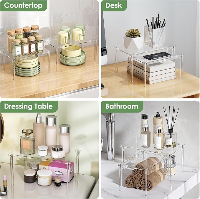 Delamu Cabinet Shelves, Clear Stackable Acrylic Storage Risers with Heavy Duty Support, Cabinet Organizer Shelf for Spices, Seasonings, Jars, Pantry, Kitchen Counter, Easy Assembly