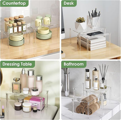Delamu Cabinet Shelves, Clear Stackable Acrylic Storage Risers with Heavy Duty Support, Cabinet Organizer Shelf for Spices, Seasonings, Jars, Pantry, Kitchen Counter, Easy Assembly