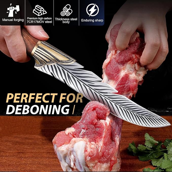 Dream Reach Feather Knife, 6.5" Hand - Forged High Carbon Steel Viking Boning Knife with Sheath, Ideal for Kitchen and Outdoor Activities, Gifts for Men Women