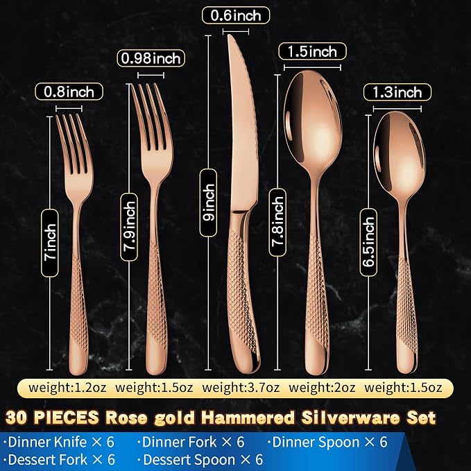 Lemeya Hammered Rose gold 30 Pieces Set Silverware Set for 6 with Serrated Forging Knives,18/10 Stainless Steel Modern Flatware Set,Unique Cutlery Set,Mirror Polished,Dishwasher Safe