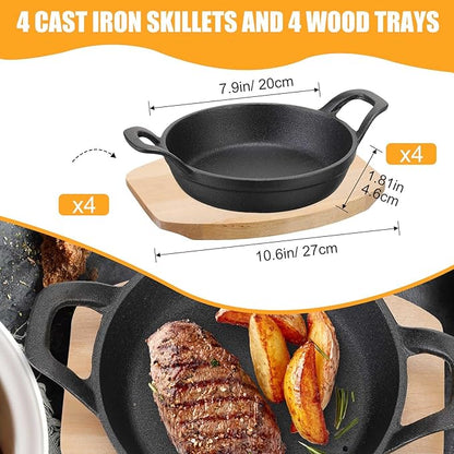 Sliner 4 Sets Mini Cast Iron Skillet Small Cast Iron Plates Skillet with Wooden Base Small Round Pan Fajita Plate Pot for Baking Cooking (8 Inches)