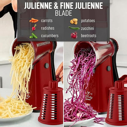 Zulay Kitchen Rotary Cheese Grater 5 Blade Cheese Shredder - Manual Hand Crank Cheese Grater With Reinforced Suction & 5 Interchangeable Drums - Easy to Use, Vegetable Chopper Round Mandoline Slicer