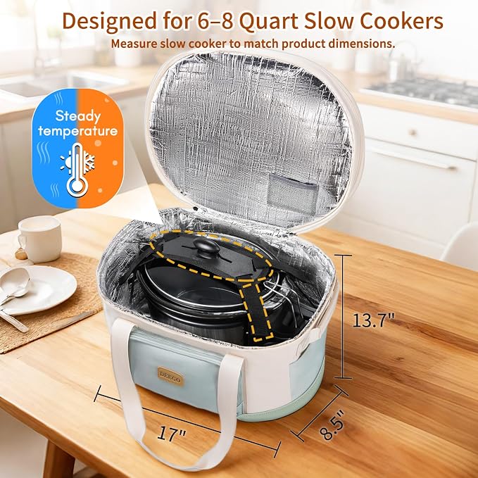 DEEGO Carrying Bag for Crock-Pot 6-8 Quart, 2-Layer Insulated Portable Slow Cooker Travel Bag with Support Pad, Lid Fasten Straps & Easy-Clean Liner, Ideal for Transport, Family Gatherings Potlucks