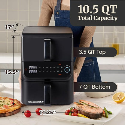 Elite Gourmet EAF6535 Dual Stacked Air Fryer, 10.5 Qt Total Capacity, Family Size, PFAS-Free Dishwasher Safe Nonstick Baskets, Sync Cook & Sync Finish, 10 Presets, 1700W, Black
