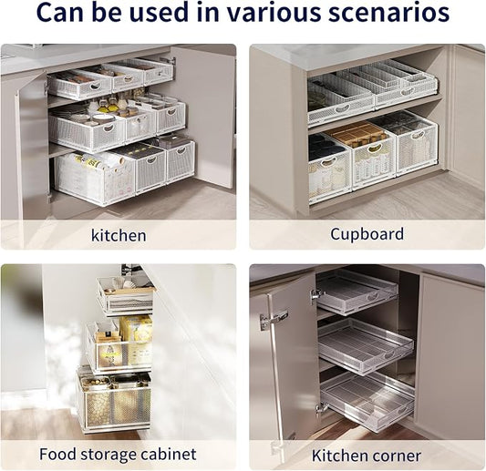 Pull Out Cabinet Organizer, No Drill Adhesive Sliding Drawers for Kitchen, Metal Mesh Wire Storage Shelf for Pantry & Under Sink, White (9.6" W x 15.7" D x 8.4" H)