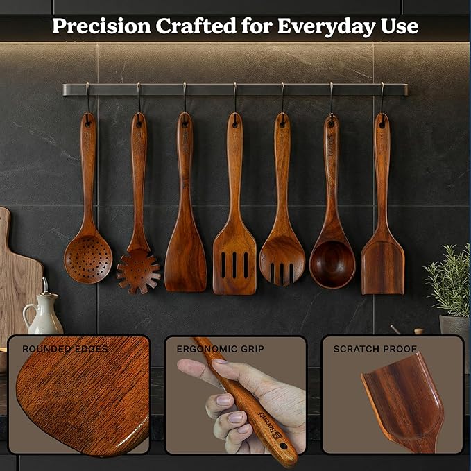7Pcs Wooden Kitchen Utensil Set, Premium Natural Acacia Wood Cooking Utensils for Nonstick Cookware, Spoon Spatula Turner Ladle Skimmer Pasta Server, BPA Free
