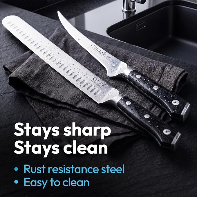 Cutluxe 2-Piece Carving Knife Set for BBQ & Brisket – Razor-Sharp German Steel – 12" Slicing & 6" Boning Knife for Meat Cutting, Sheaths Included, Full Tang & Ergonomic Handles – Artisan Series
