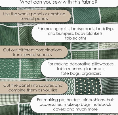 Cotton Satin Patchwork Fabric Panel – 35 Designs, 20×20 cm Squares, Single Piece 150×110 cm, Green Botanical Quilt Fabric (Forest Green Patchwork Set, 35pcs 8x8 inch)