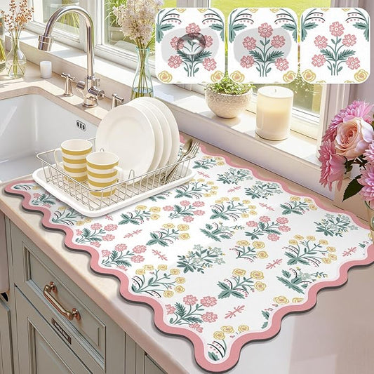 LOKHOM Scalloped Floral Dish Drying Mat, 18"x24" Super Absorbent Coffee Mat with Unique Pink Pastoral Floral, Cuttable Hide Stain Non-slip Drying Mat for Kitchen Counter Coffee Maker Espresso Machine