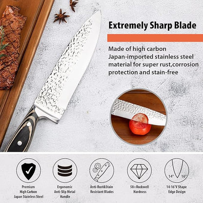 Kitchen Knife Set,15-Piece Knife Set With Block Wooden,Self Sharpening For Chef Knife Set,High Carbon Japan Stainless Steel Hammered Collection Knife Block Set with Steak Knives (Gray)
