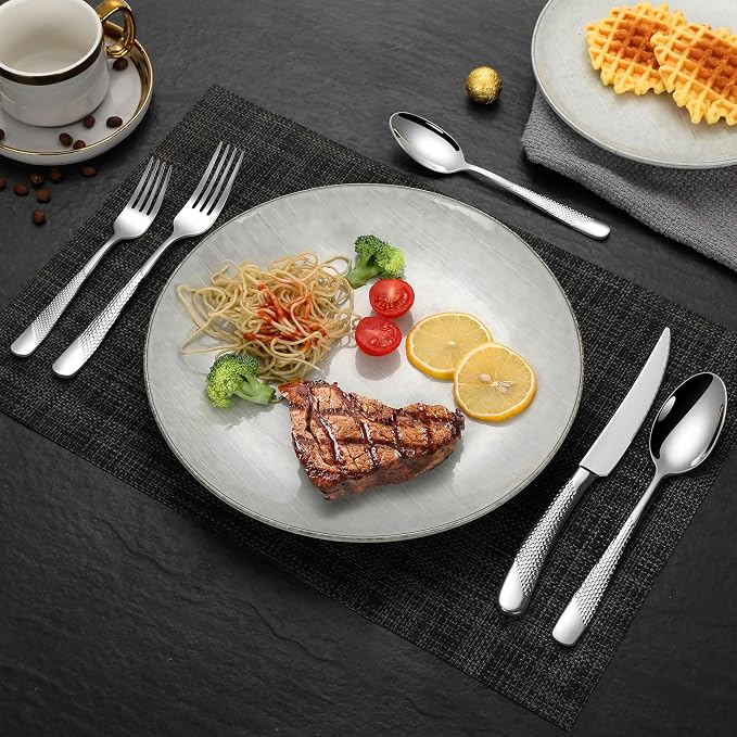 Lemeya 20-Piece Hammered Silverware Set for 4,18/10 Stainless Steel Flatware Set with Serrated Forged Knives,Heavy Duty Cutlery Set for Home & Party Restaurant,Mirror Polished, Dishwasher Safe