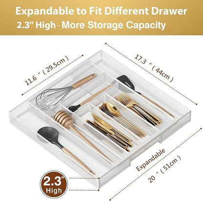Sedegn Expandable Kitchen Utensil Organizer - 11.6" to 20" Adjustable Cutlery Tray with 6-8 Compartments - Fits Various Drawer Sizes & Holds Large Ladles Spatulas Forks Spoons & Knives White