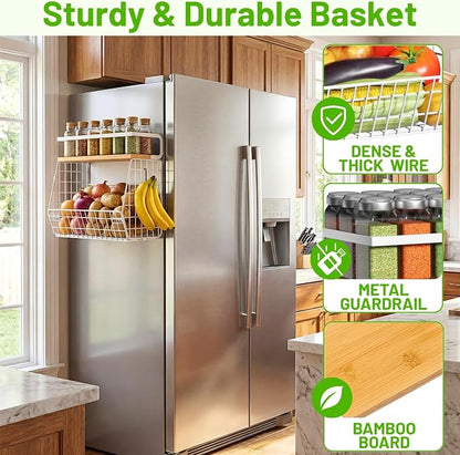 Ofiray-home Magnetic Fridge Shelf with Wood Lid, Fruit Potato Onion Storage Bins, Pantry Organizers, Large Container Spice Rack for Refrigerator, Kitchen Counter, Cabinet (2, White)