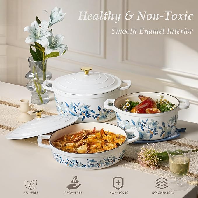 CAROTE 5 QT Cast Iron Dutch Oven Pot with Lid, Enameled Floral Dutch Ovens with Cotton Potholders & Oven Gloves, Gift Box, Cast Iron Pot for Sourdough Bread Baking, Braising, Stews, Roasting, Dual Handles, All Stovetop Compatible, Oven Safe up to 500° ...