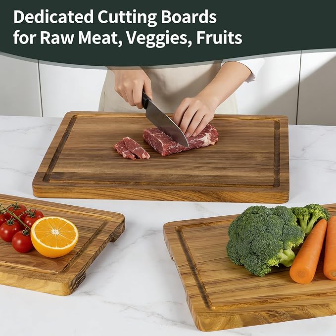 Teak Cutting Board Set for Kitchen, 3 Pack Teak Wood Chopping Boards with Holder & Deep Juice Groove Wooden Hardwood Cutting Board Set for Meat Fish Vegetables Fruits (S, M, L)