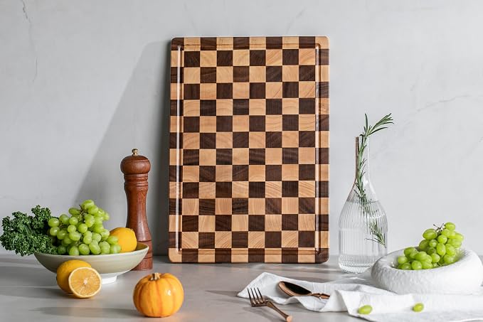 THETCHRY Cutting Boards for Kitchen, Checkered Wood Cutting Board, Walnut Chopping Board with Juice Grooves & Handles, Butcher Block Serving Tray with Gift Box 16.5" x 11.6" x 0.8"