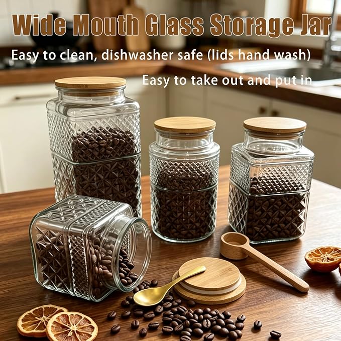 Viovian Decorative Glass Jar with Lid and Spoon 38 OZ Square Thick Glass Storage Jars Airtight Lids Clear Vintage Canister Container for Food Candy Cookie Sugar Coffee Tea Nuts Snack Dog Treat