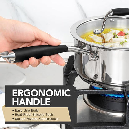 MICHELANGELO Triply Stainless Steel Saucepan with Lid 6 Pcs, Stainless Steel Sauce Pan with Bakelite Handle, Multipurpose Saucepans Set for Kitchen Cooking, Induction Compatible - 1QT & 2QT & 3QT
