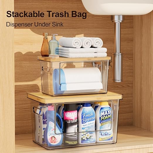 2 Pack Trash Bag Holder with Bamboo Lid, Stackable Acrylic Trash Bag Dispenser Roll Holder Under Sink, Plastic Container Garbage Bags Storage Organizer for Kitchen, Pantry, Laundry Room Organization
