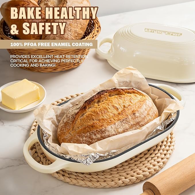 Enameled Cast Iron Dutch Oven for Bread Baking - incl. Sourdough Bread-Baking Supplies like Banneton Bread-Proofing Basket - 5QT Loaf Cast Iron Bread Oven Pan& Meatloaf Pan with Lid, Sour Sough Tools, Lame (Cream White）