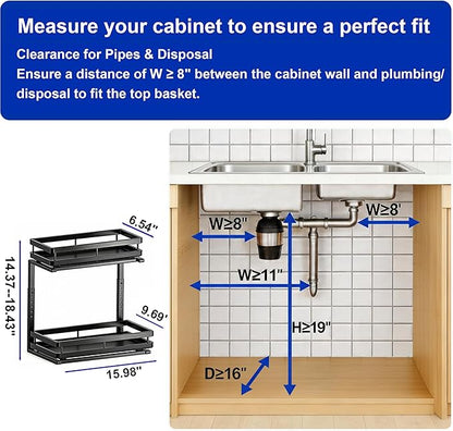 Under Sink Organizer, Dual-Rail Ball-Bearing, Under Kitchen Sink Organizer, 6-Level Adjustable, Under Cabinet Organizer, No-Drill Adhesive/Suction, Under Sink Storage (Black, Double Layer - 1 Pack)