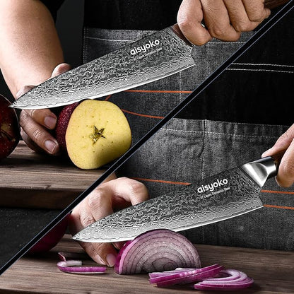 aisyoko Damascus chef knife 8-inch sharp kitchen knife Japan VG-10 stainless steel ergonomic color wooden handle luxury gift box - with scabbard