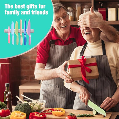 HAUSHOF Kitchen Knife Set with Magnetic Knife Strip for Wall, 6-Piece Colorful Knives Set for Kitchen, Non-Stick Coated Stainless Steel Blades for Slicing, Dicing, Magnetic Knife Holder for Storage