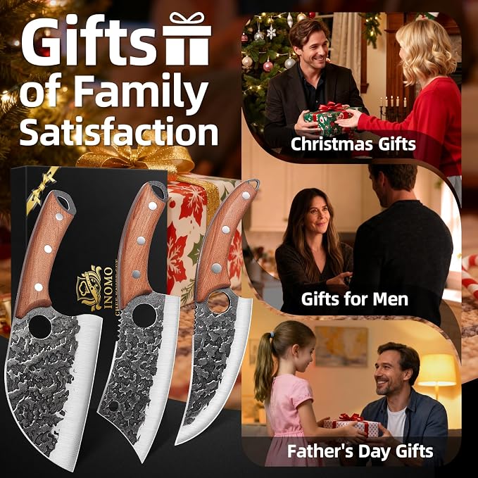 Fathers Day Gift for Men Dad, 3PCS Butcher Knife Set, Hand Forged Serbian Chef Knives & Meat Cleaver & Viking Knives, Meat Cutting Kitchen Knife Set for Home, Outdoor Cooking, Camping BBQ