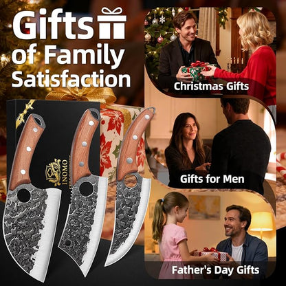 Fathers Day Gift for Men Dad, 3PCS Butcher Knife Set, Hand Forged Serbian Chef Knives & Meat Cleaver & Viking Knives, Meat Cutting Kitchen Knife Set for Home, Outdoor Cooking, Camping BBQ