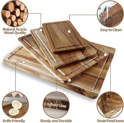 Wood Cutting Board Set of 4, Wooden Chopping Boards with Food Icons for Kitchen, Charcuterie Board for Meat, Vegetables, Fruits, Cheese