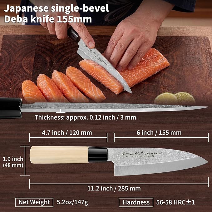 6 Inch Deba Knife, Made in Japan, Right-Handed Single Bevel Fish Butcher Knife, High Carbon Stainless Steel with Nashiji Finish, Magnolia Wood Handle for Fish Filleting