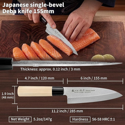 6 Inch Deba Knife, Made in Japan, Right-Handed Single Bevel Fish Butcher Knife, High Carbon Stainless Steel with Nashiji Finish, Magnolia Wood Handle for Fish Filleting