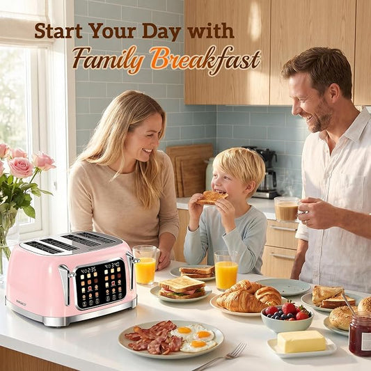 RONGBEST Retro Toaster 4 Slice with Stainless Steel Wide Slot Touchscreen for Family Breakfast, Reheat & Defrost, 6 Browning Levels for Bagel & Bread, Removable Crumb Tray, Blush Pink