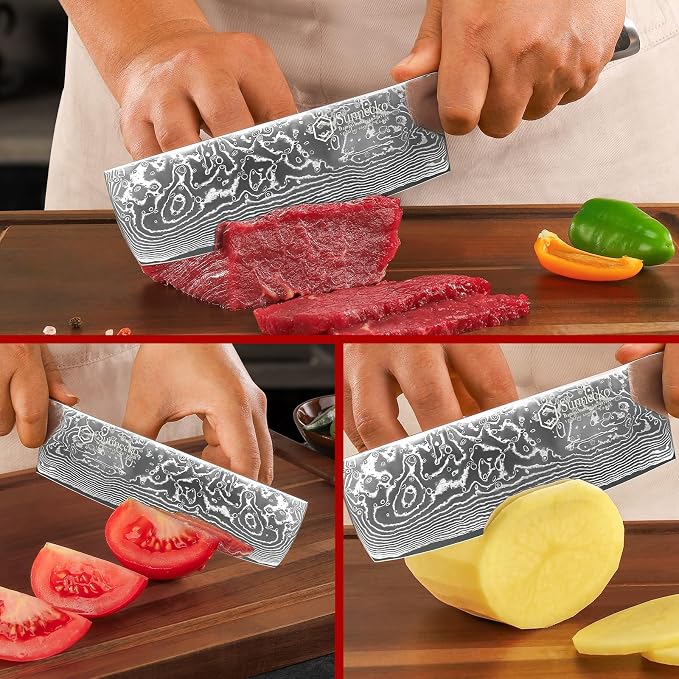 Sunnecko Kitchen Knife Japanese Damascus Nakiri Knife 7 Inch, Sharp Chopping Knife for Cutting Vegetable, Meats, Fruits