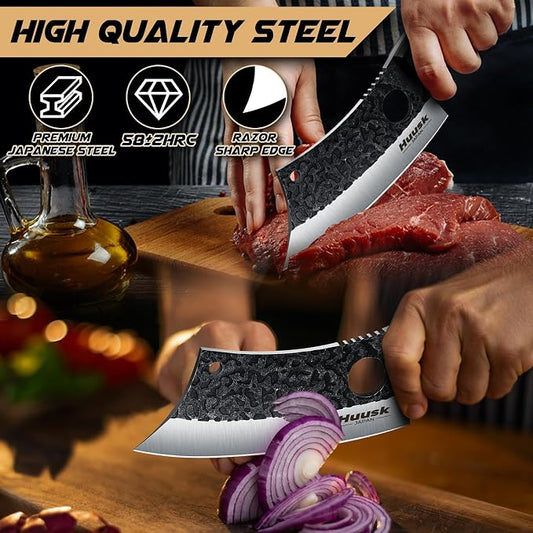 Huusk Knives Japan, Hand Forged Meat Cleaver Knife with Sheath, High Carbon Steel Kitchen Knife for Meat and Vegetables, Full Tang Butcher Knife for Camping, BBQ, Christmas Gift for Men and Women