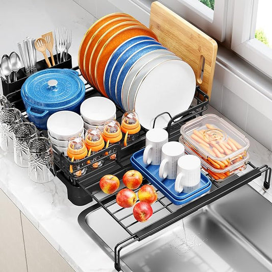 TOOLF Dish Drying Rack - Expandable Dish Rack, Large Capacity Dish Drainer for Kitchen Counter, Stainless Steel Dish Strainer with Cups Holder & Utensil Holder,Black
