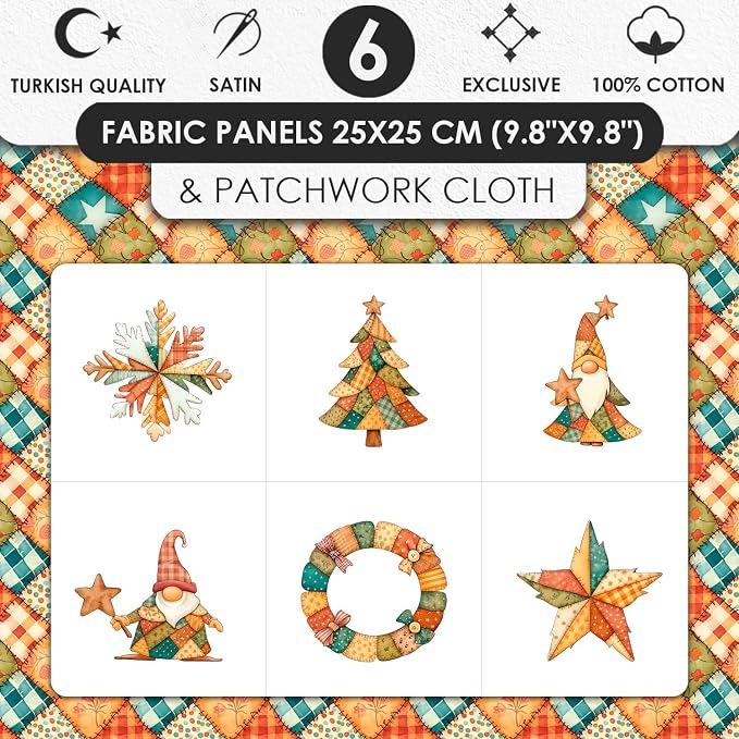 Patchwork Tree Cotton Fabric Panel – Six 10×10 inch Designs + Bonus 29.5×19.6 inch Patchwork Sheet, 100% Turkish Cotton 140 GSM