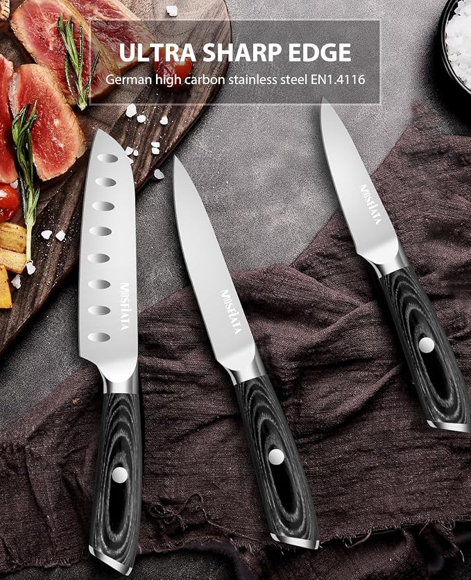 MOSFiATA 3pcs Kitchen Knife Set, Sharp Chef Knife High Carbon German EN1.4116 Stainless Steel Santoku Cooking Knife, Fruit Paring Knife Kitchen Chopping Knives Set with Wooden Handle and Gift Box