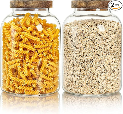 Bekith 2 Pack Large Glass Food Storage Jar with Airtight Wooden Lid, 66 FL OZ(1950ml) Glass Food Canister for Kitchen and Pantry Organization, Storage Containers for Coffee, Rice, Sugar, Flour