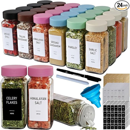 Pink Spice Jars with Labels - 24 Glass Spice with Shaker Lids & Airtight Plastic Caps - 4oz Complete Seasoning Containers Organizer Set for Cabinet, Drawer & Rack (Deeppink)