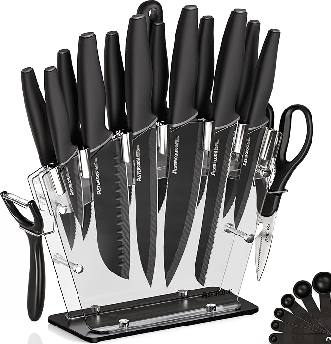 Astercook Knife Set with Block and Sharpener, 22 Piece Kitchen Knife Set Dishwasher Safe, Space-Saving Clear Knife Block with Knives for Everyday Home Cooking Black