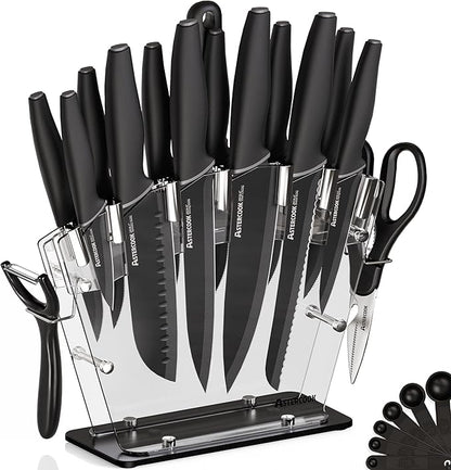 Astercook Knife Set with Block and Sharpener, 22 Piece Kitchen Knife Set Dishwasher Safe, Space-Saving Clear Knife Block with Knives for Everyday Home Cooking Black