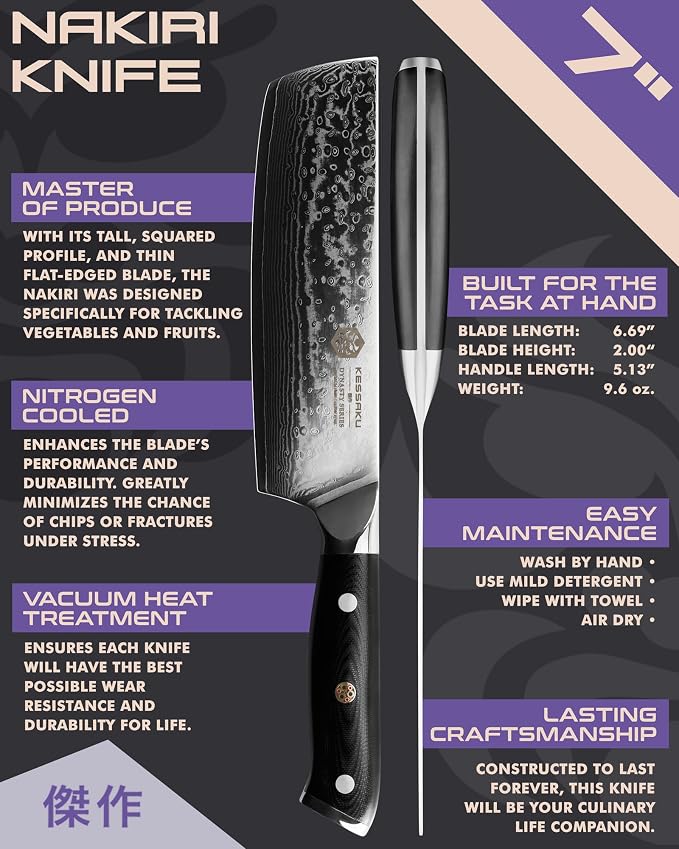 KESSAKU Nakiri Knife - 7 inch - Damascus Dynasty Series - Asian Vegetable Cleaver - Razor Sharp Kitchen Knife - Forged 67-Layer Japanese AUS-10V Stainless Steel - G10 Garolite Handle with Blade Guard