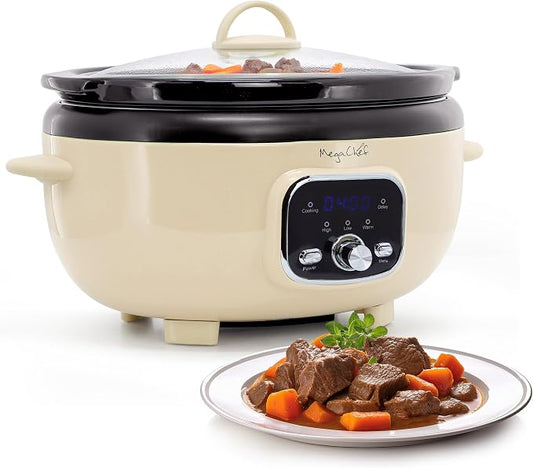 MegaChef 3.7 Quart Oval Electric Digital Slow Cooker with Black Stoneware Crock, Adjustable Timer & Temperature Control, Delay, High, Low & Warm Settings - Versatile Cooking Appliance (Cream)