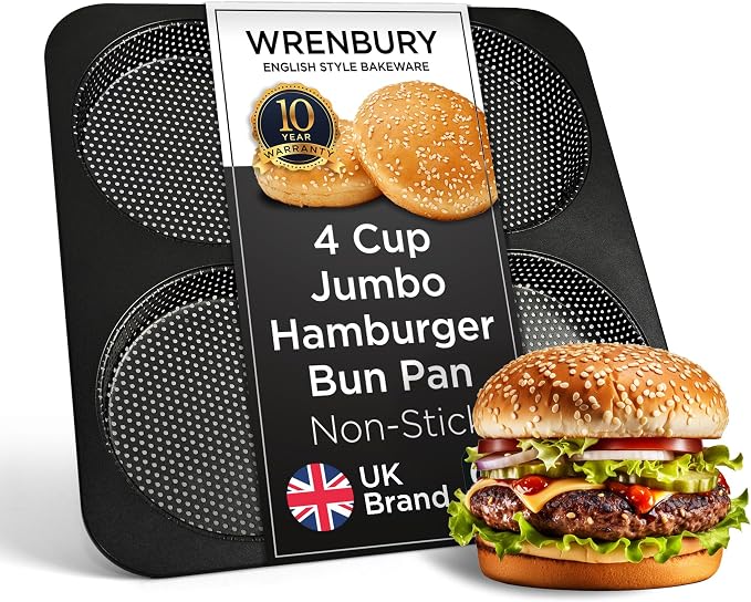 Wrenbury Hamburger Bun Pan Carbon Steel Nonstick - 4-Cavity Baking Mold | for Homemade Burger Buns Bread Rolls and Mini Pies