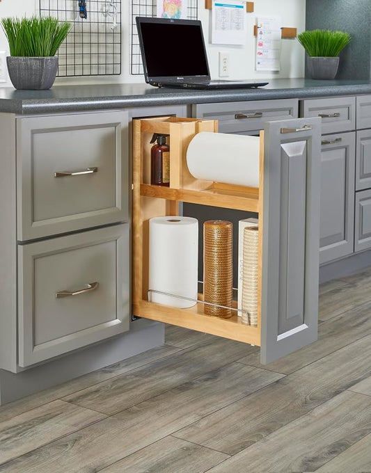Rev-A-Shelf 6.86" Paper Towel Pullout Organizer, Wood Base Kitchen Cabinet Storage with Soft-Close Full Extension Slides, 448PTH-BCSC-6C