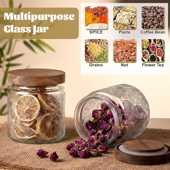 Suclain 6 Pcs 17 OZ Vintage Glass Jar with Acacia Wood Lids Airtight Glass Storage Canisters Kitchen Spice Jars Food Storage Containers for Pantry Coffee Grains Tea Sugar Flour(Fan-shaped)