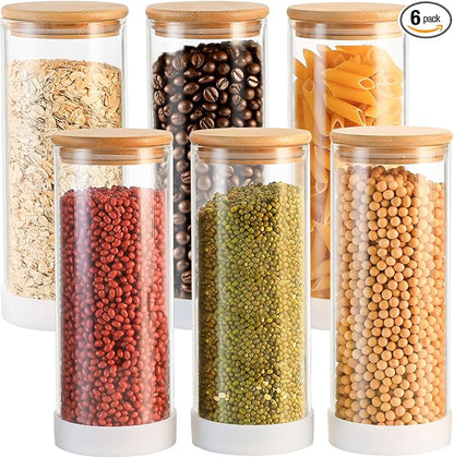 TBWIND 34oz Round Glass Storage Containers with Bamboo Lids – 6 Pack Medium Clear Food Airtight Glass Jars for Pantry Organizers and Storage, Kitchen Dry Food, Flour, Cereal, Coffee Beans & Staples