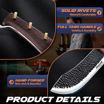 Huusk Meat Cleaver Knife - 7" Butcher Knife for Meat Cutting - Hand Forged Chopping Knives with Ergonomic Handle - Ultra Sharp Kitchen Chef Knives for Home Outdoor BBQ, Gifts for Men and Women